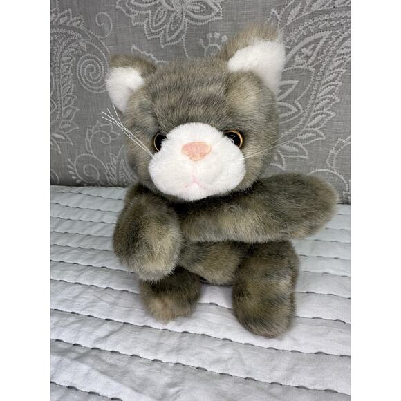 Cat Plush Bean Bag Stuffed Animal Hard Eyes Gray Striped Tabby 9” Whiskers - Picture 1 of 5